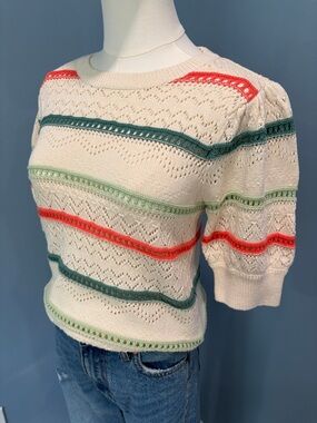 Garcia Pointelle Knit Sweater Cream Striped Puff Sleeve Boho Cottagecore XS